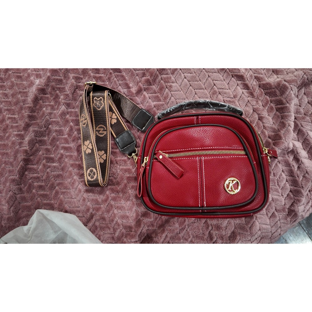 Red Pebbled Vegan Leather Crossbody Camera Bag with Patterned Jacquard Strap